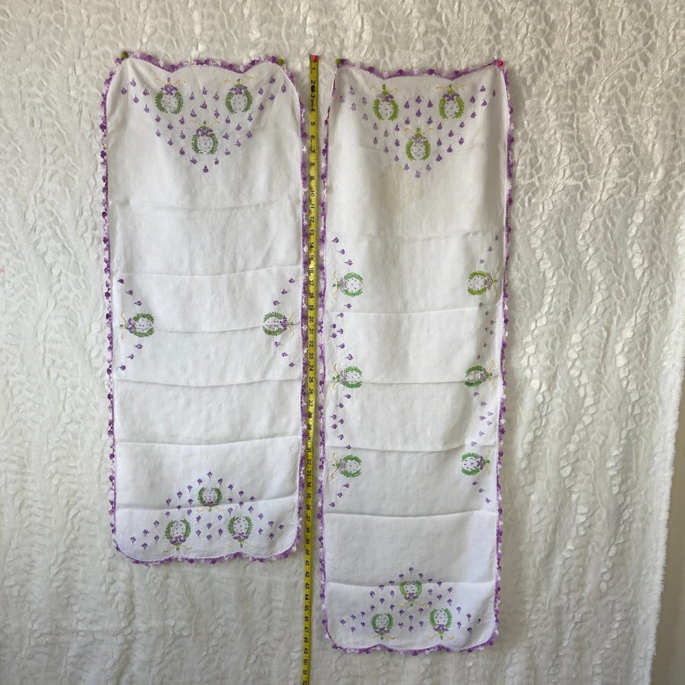 Vintage set 2 Linen Handmade embroidery Floral Crocheted Bordered edges Runners - Picture 7 of 10